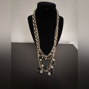 Lydell NYC statement layered necklace black stone round crystal rhinestones EUC